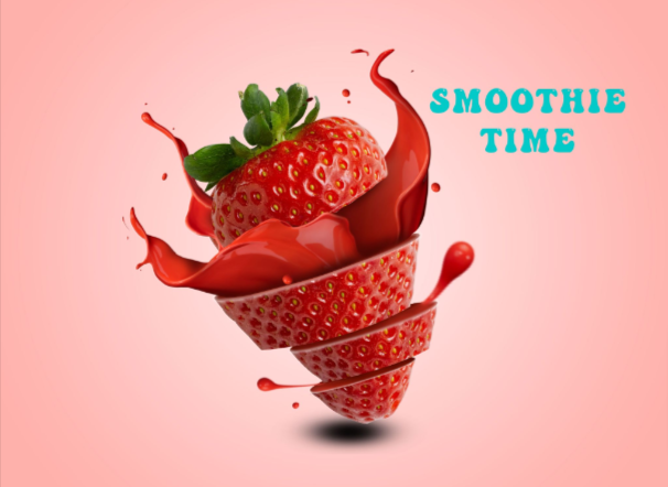 Montage d'une fraise coupée en tranche de laquelle s'échappe du chocolat pour représenter un smoothie